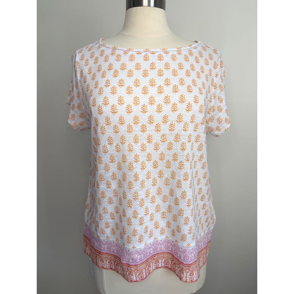 J. Jill Love Linen Orange Leaf Print Boat Neck Top Petite Medium White Pink Hem